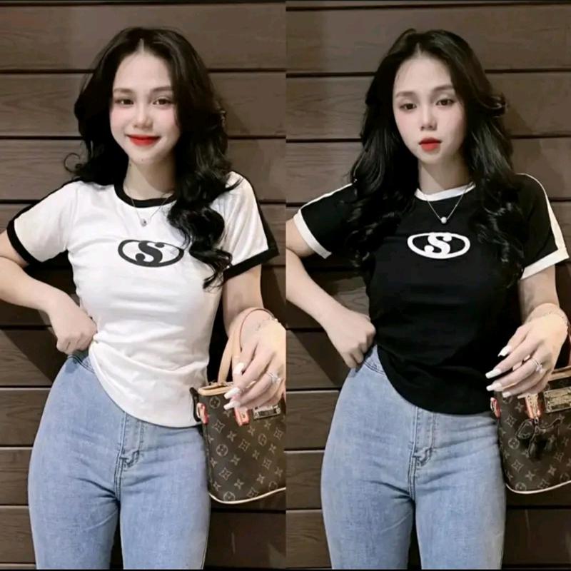  Áo baby tee thun nữ cổ tròn phối in chữ S Top Women Màu Trắng 
