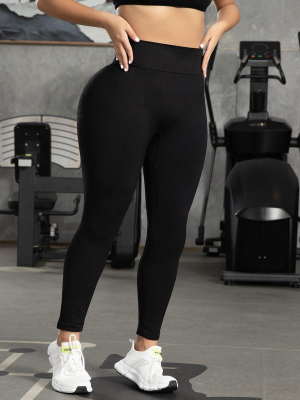 【Plus Size】 Solid High Waist Sports Leggings, Breathable Quick Drying Comfortable Tummy Control Skinny Pants, High Stretch Yoga Leggings, Ladies Sportswear for Indoor Outdoor Wear 2