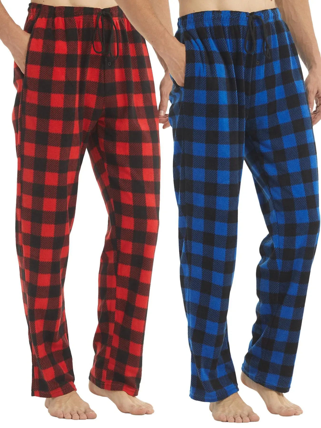 Two Counts Men's Christmas Theme Plaid Print Pocket Adjustable Drawstring Waist Polar Fleece Pajama Pants, Comfy Thicker Thermal Pj Pants, Men Pyjamas, Boyfriends Loungewear Gifts, Mens Pyjamas