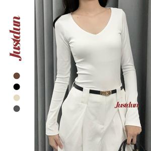 Áo cổ tim ôm body dài tay gân tăm 2 lớp thu đông Justdun C58