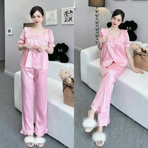 Đồ bộ nữ pijama chất liệu lụa xước tay ngắn quần dài bèo cột dây sp0037