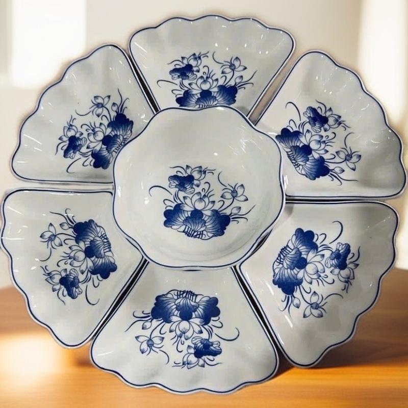  { Sứ - 45cm } Bộ bát đĩa hoa mặt trời sét bát đĩa bày mâm cúng  thắp hương hoạ tiết hoa sen xanh đường kính 45cm 