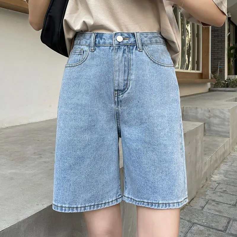 Celana Kaki Lebar Longgar Baru Musim Panas Celana Pendek Denim Pinggang Tinggi Celana Lurus Baru Pelajar Slim-Fit Wanita/Q043 3