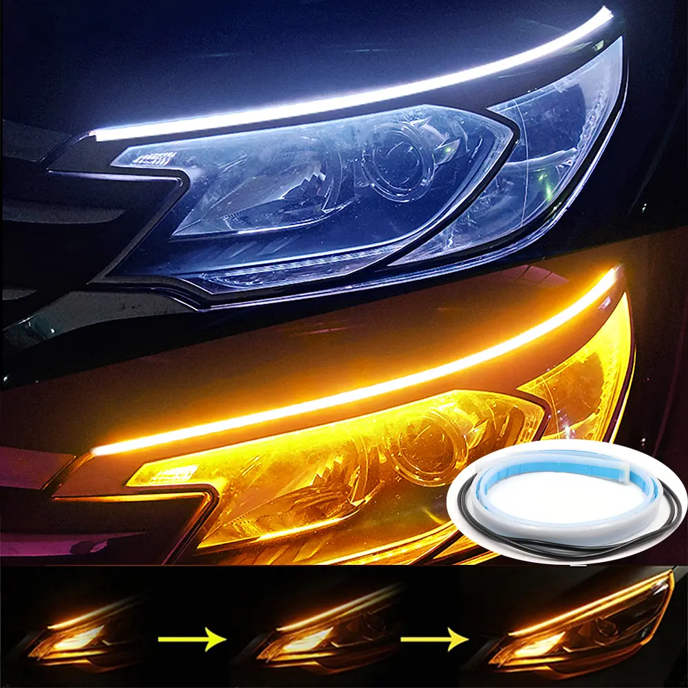 2pcs LED DRL Car Daytime Running Light Flexible Waterproof Strip Auto Headlights White Turn Yellow Light Flow Lights 12V