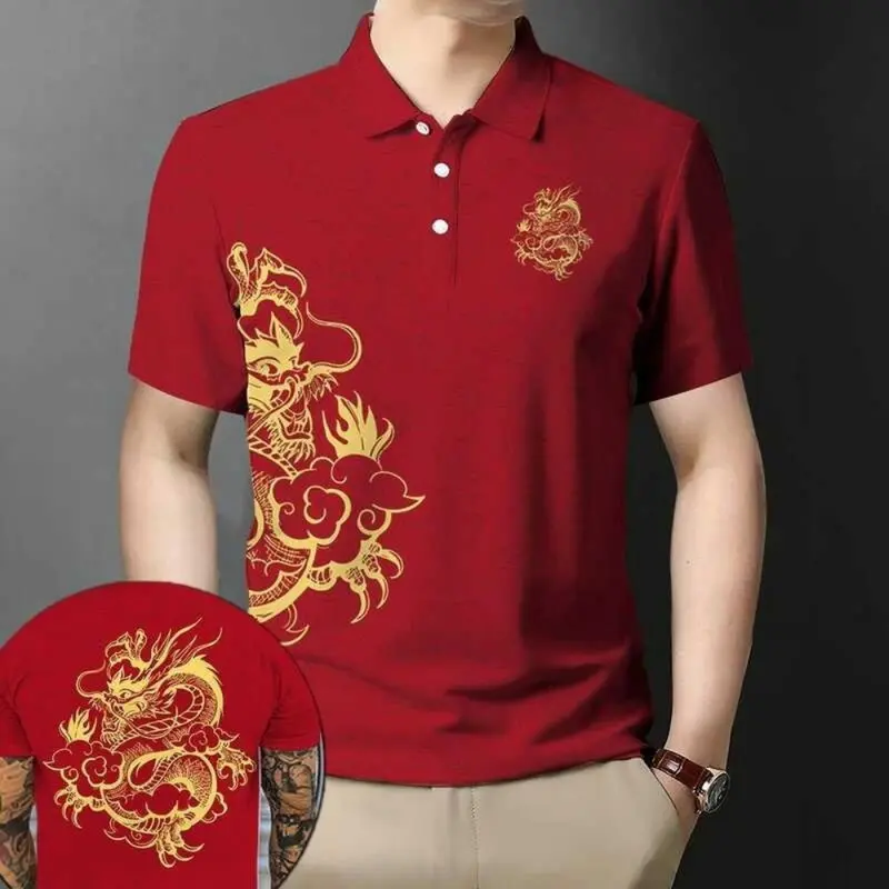 Áo Thun Nam, Phong Cách Hàn Quốc, Thể Thao Ngoài Trời, In 3D, Họa Tiết Rồng, Màu Đỏ, Áo Ngắn Tay, Thích Hợp Cho Quần Áo Ngày Lễ, Áo Polo Nam Thường Ngày Menswear Có Cổ Shirt 2