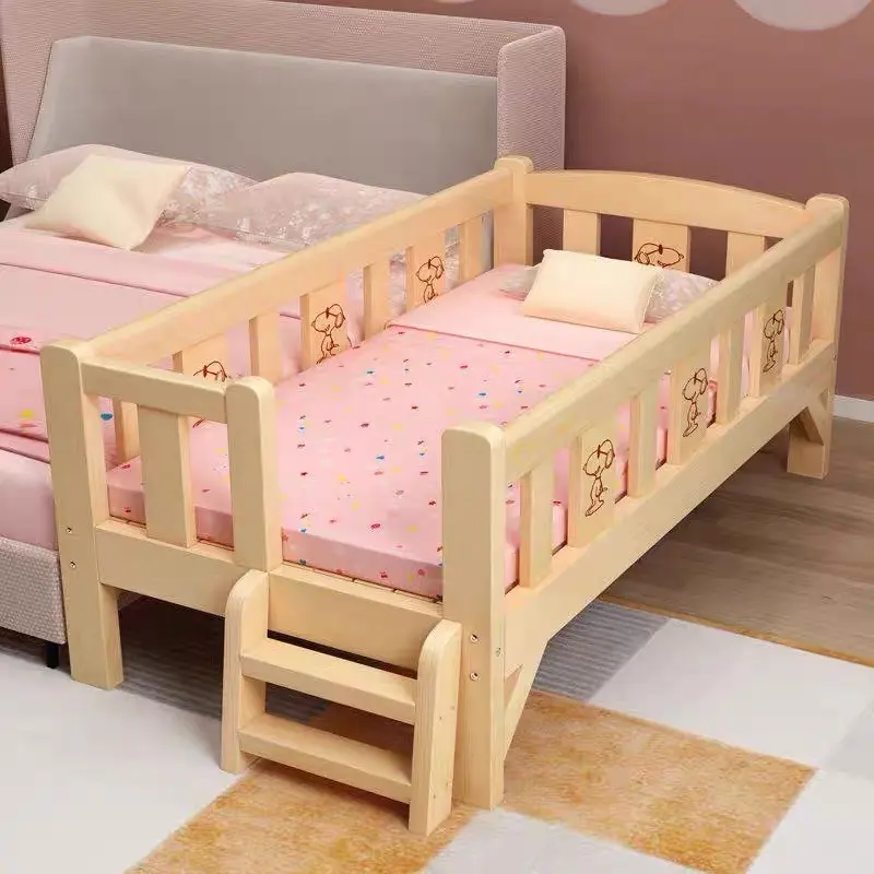 Baby Bed Solid Wood Bed Frame Toddler Bed Four Side Guardrail Children's Bed With Mattress