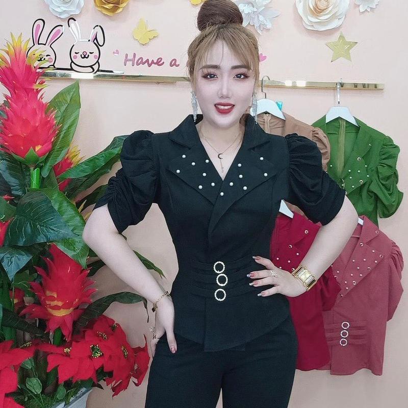 [ Mã B114-1] Set bộ nữ cổ vest có đính cườm đủ size từ 40 đến 85 ký Tay ngắn