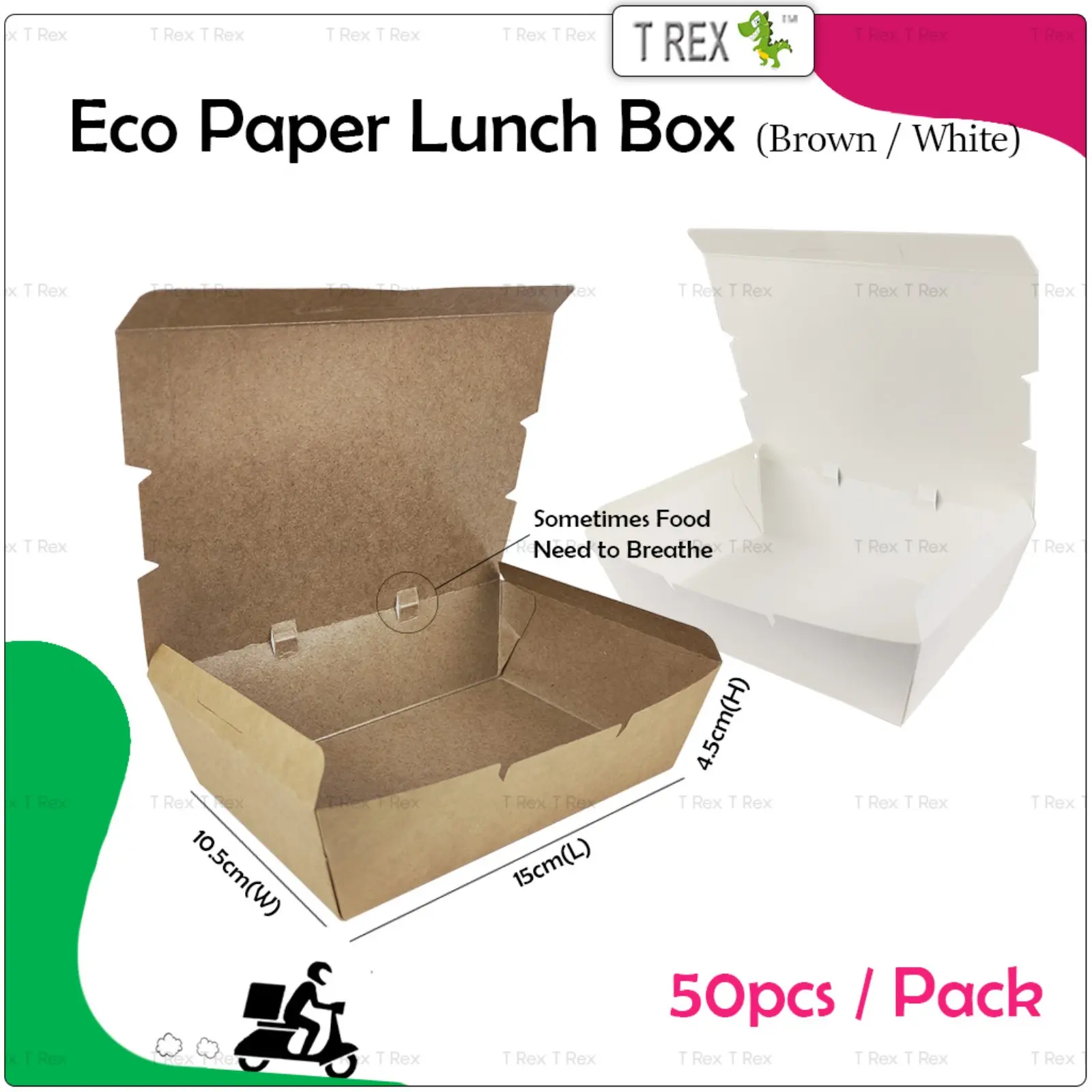 50pcs T Rex Eco Disposable Paper Lunch Box / Take Away Food Packaging Paper Box / Food Delivery Packaging Paper Box Brown White / Bekas Makanan / Kertas Kotak Nasi