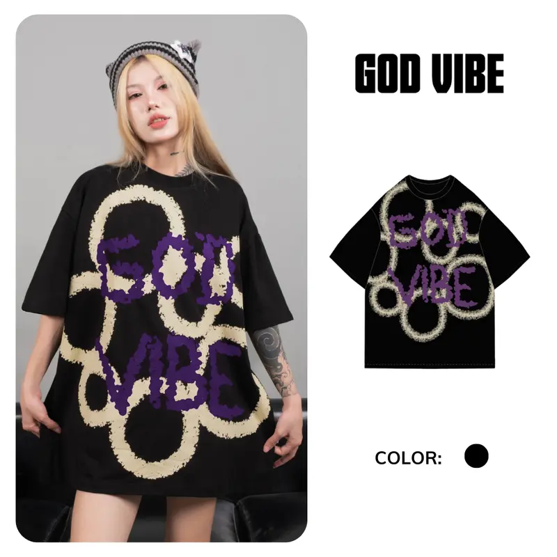 Áo thun GOD VIBE phong cách Unisex  Nam Nữ form rộng GTK10 Đen Cổ Tròn 0