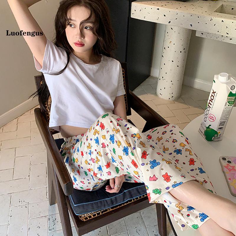 Product Introduction of Women's Lounge Pants Casual Cartoon Animal Print Elastic Waist Straight Leg Pajama Pants for Summer Lady Loungewear 27