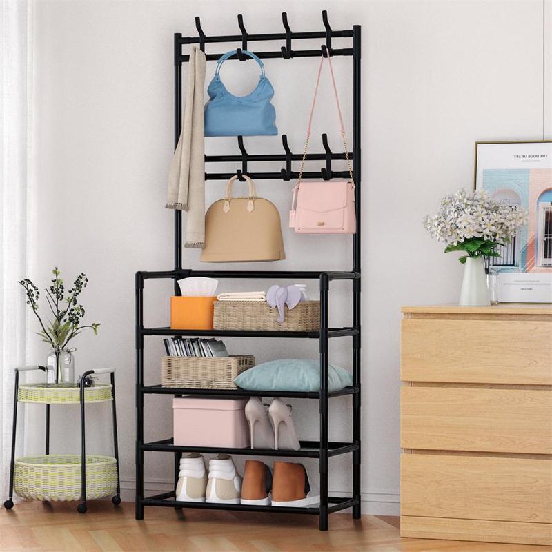 Shoe Rack with 8 Hooks, 1 Count 4/5 Layers Storage Rack, Multifunctional Storage Organizer for Living Room, Bedroom and Home Office 5