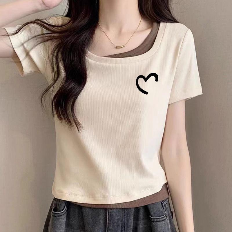 Product Introduction of Áo Thun Giả Hai Mảnh, Cổ Vuông, ngắn Tay, Dành Cho Nữ, Thiết Kế Đẹp, Màu Mơ Phong Cách Hàn Quốc Mới Mùa Hè, Áo Chắp Vá, Thích Hợp Cho Học Sinh Nữ, Xu Hướng Ins 5