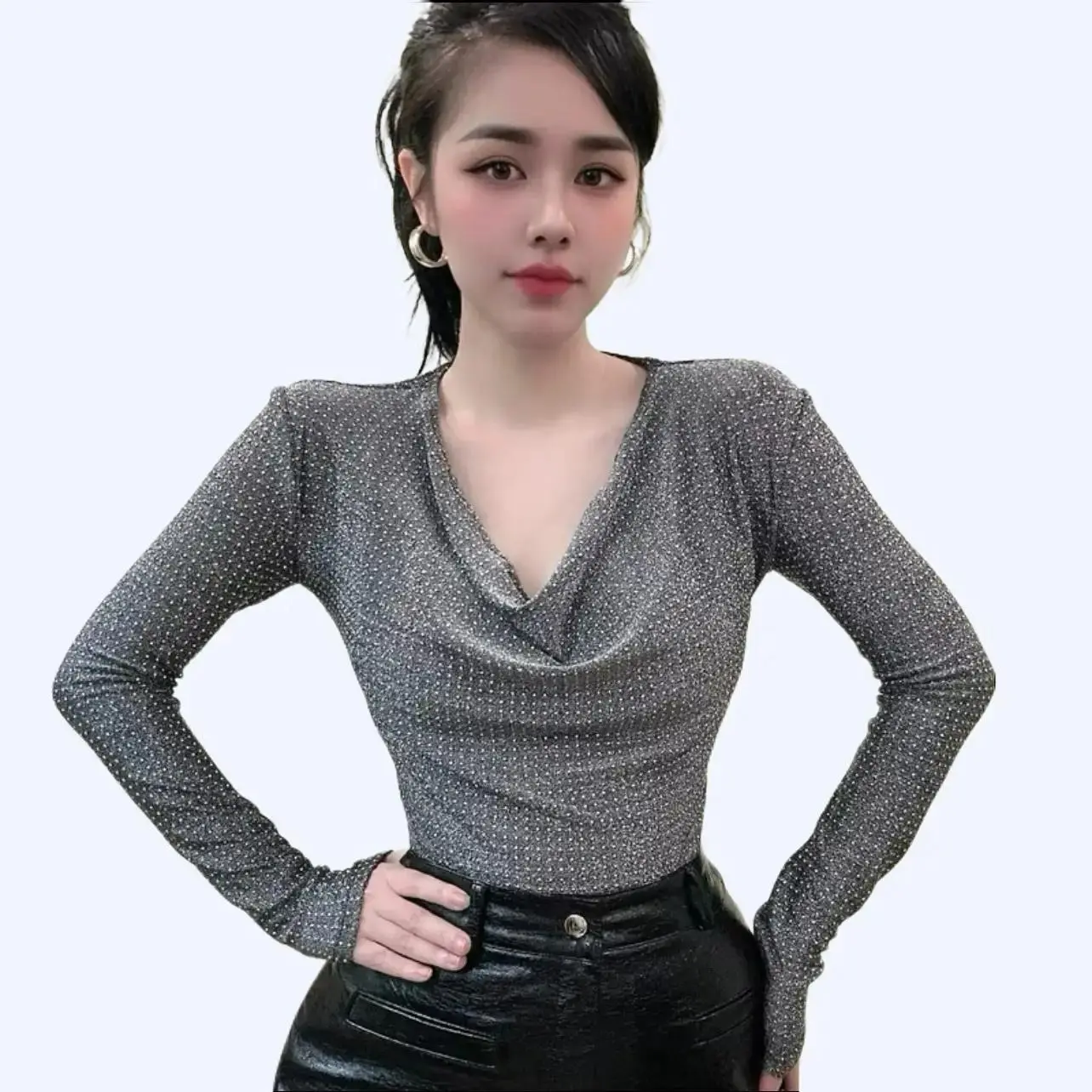 Áo Thun Nữ Đính Đá Bigsize Tay Dài Lưới Y2K  ESHOP  Áo Phong Nữ Cổ tròn Ôm gọn Áo Vạt Bầu XInh Đẹp Dễ Thương MS009 Top Women