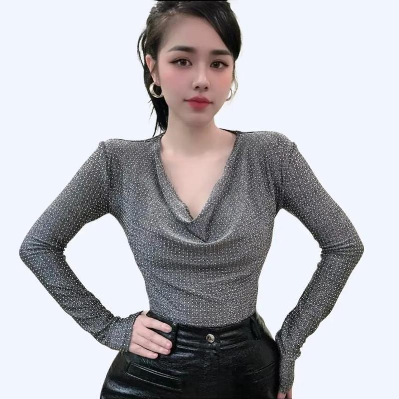 Áo Thun Nữ Đính Đá Bigsize Tay Dài Lưới Y2K ESHOP Áo Phong Nữ Cổ tròn Ôm gọn Áo Vạt Bầu XInh Đẹp Dễ Thương MS009 Top Women