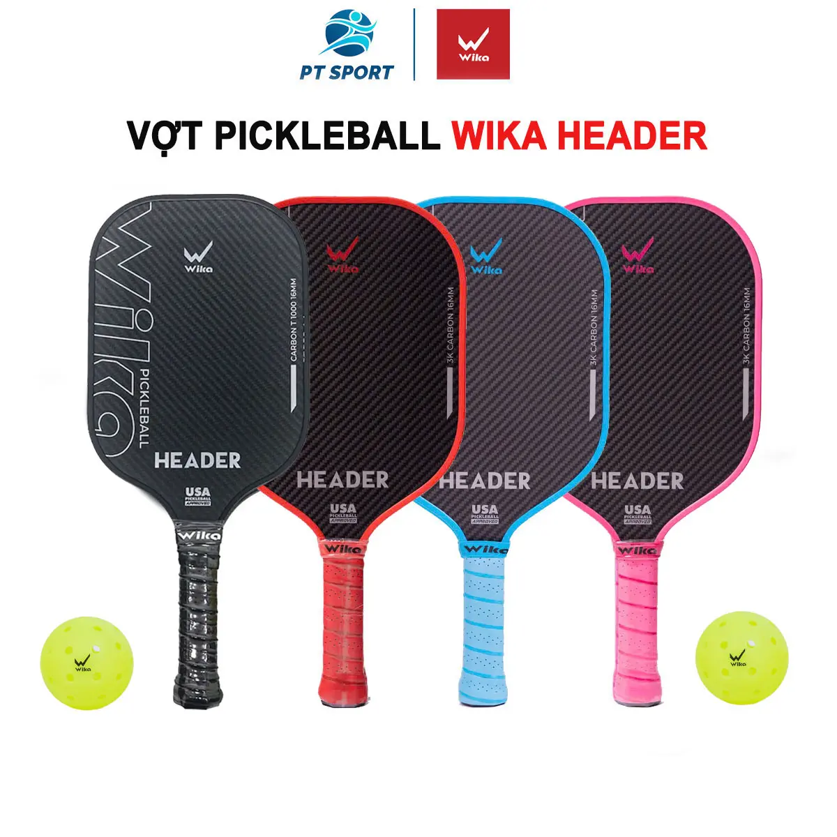 Vợt Pickleball Wika Header Chính Hãng [Tặng Bóng + Quấn Cán] Màu Đen, Đỏ, Xanh, Hồng Chất Liệu Full Carbon T1000 Siêu bền, Siêu Nhẹ Phù Hợp Nam Nữ Sport Cán Vợt Thể Dục