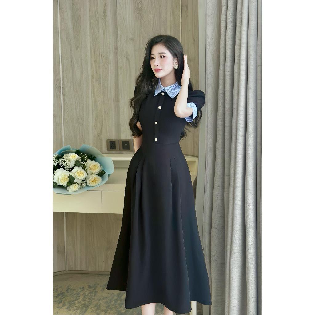 [Xả Kho] Váy Thời Trang Béo Xinh Bigsize Cổ Sơ Mi Dễ Thương Cho Các Nàng 50-100Kg Nữ Dress Women Tay Phồng Tay Bồng Đen - A.1323