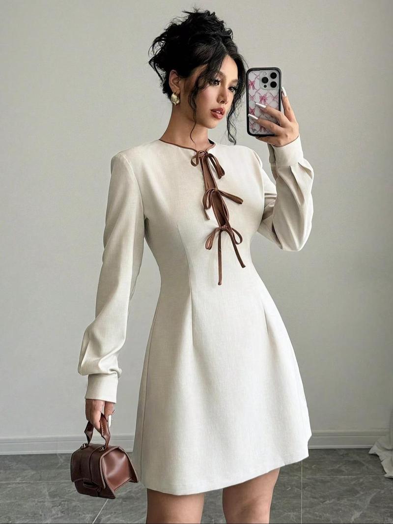 Product Introduction of Women's Plain Tie Front Bishop Sleeve Dress, Elegant Zipper Back A Line Short Dress for Party Holiday Wedding Guest, Ladies Fall & Winter Clothes Valentine's Day, gift 1