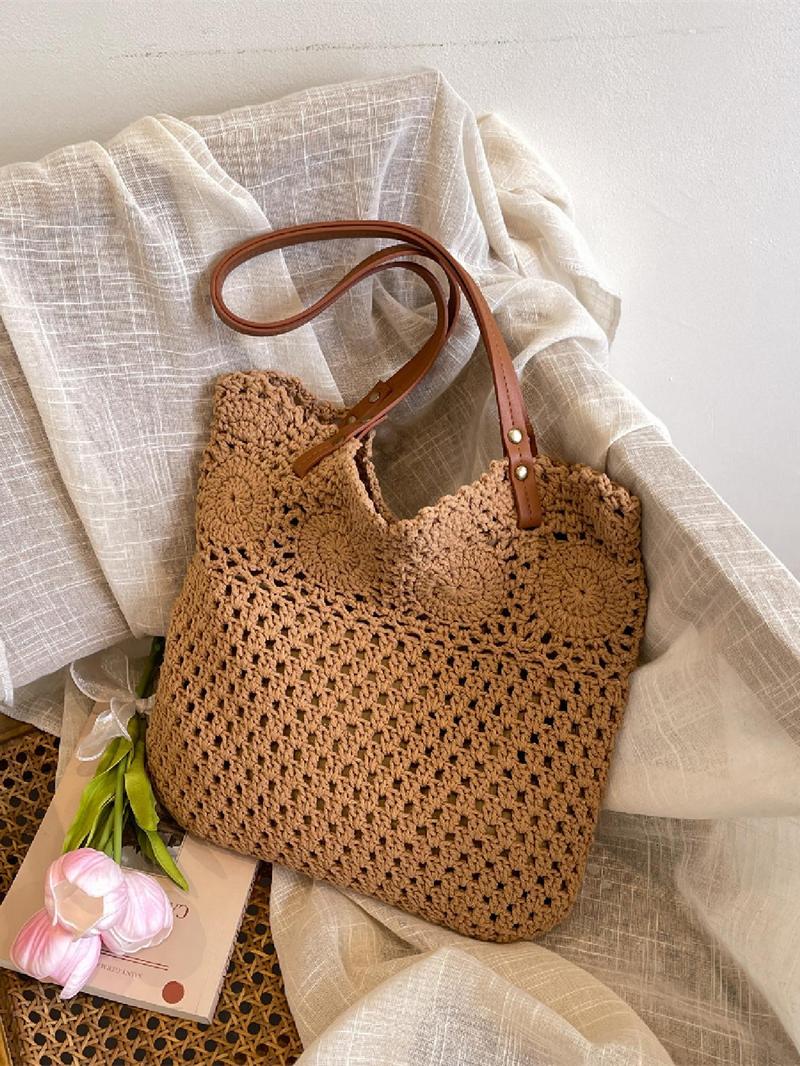 Product Introduction of Women's Solid Color Straw Tote Bag, Fashionable Large Capacity Shoulder Bag for Daily Used, Casual Trendy Versatile High-quality Daily Commuting Bag 0