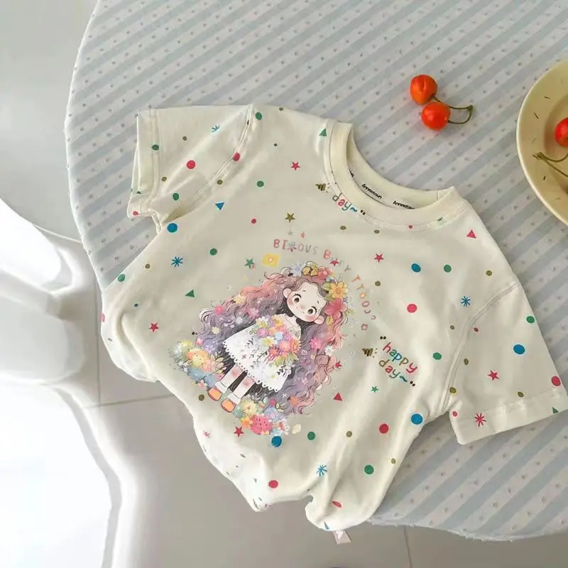 Áo Thun Bé Gái, In Đầy Đủ, ngắn Tay, Cotton Nguyên Chất, Thời Trang Trẻ Em, Cô Gái Hoa Đầy Màu Sắc, Cô Gái Nhỏ Dễ Thương, Thích Hợp Cho Mùa Hè, Hàng Mới Về