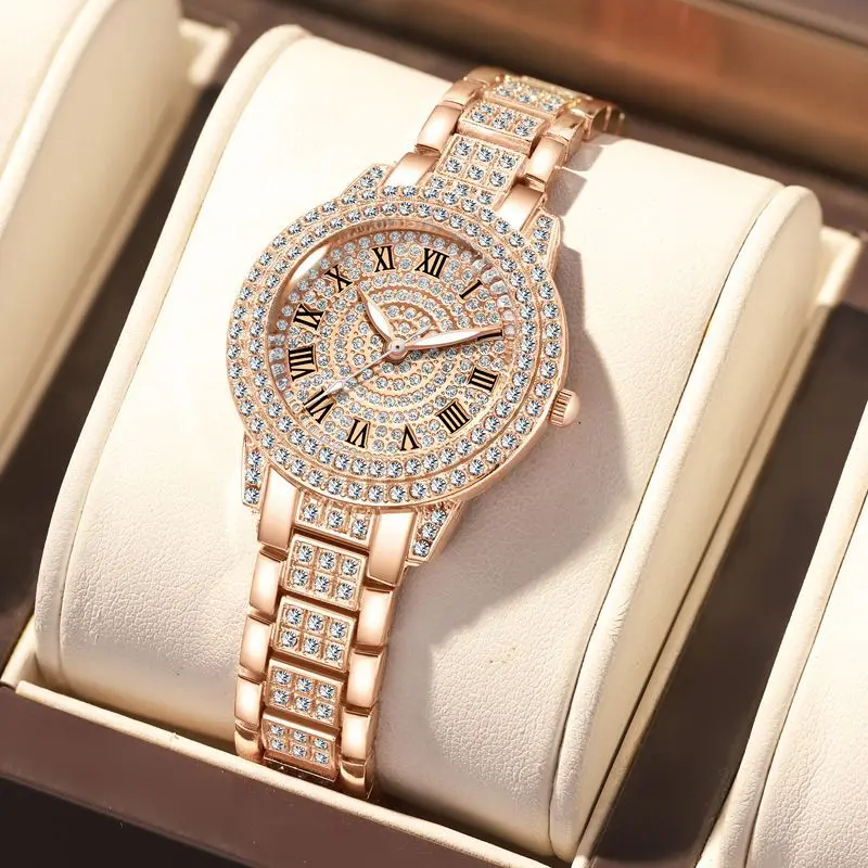 Diamond studded full diamond Roman pattern classic retro elegant women's watch, women's watch bracelet, treasure pot women's style automatic  watch rotator jam  ac wanita ori brick  watches