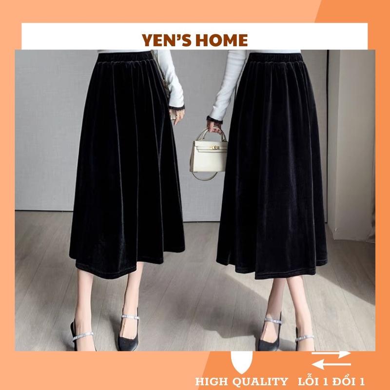 Chân Váy Nhung Đen Dáng Dài Mềm Mịn Chân Váy Mùa Đông Màu đen Trơn Nữ Women