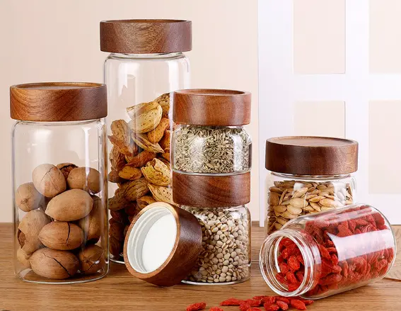 [CHÍNH HÃNG] Hũ Thủy Tinh Đựng Gia Vị Cao Cấp, Có Nắp Gỗ, Gai Vặn Kín Khí, Phong Cách Bắc Âu Sang Trọng. 2