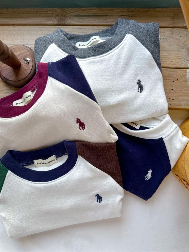 Product Introduction of Children'S Base Shirt 2023 Autumn And Winter Edition, Boys And Girls Color Blocked Raglan Sleeve T-Shirt, Baby German Velvet Long Sleeved Inner Layer 28