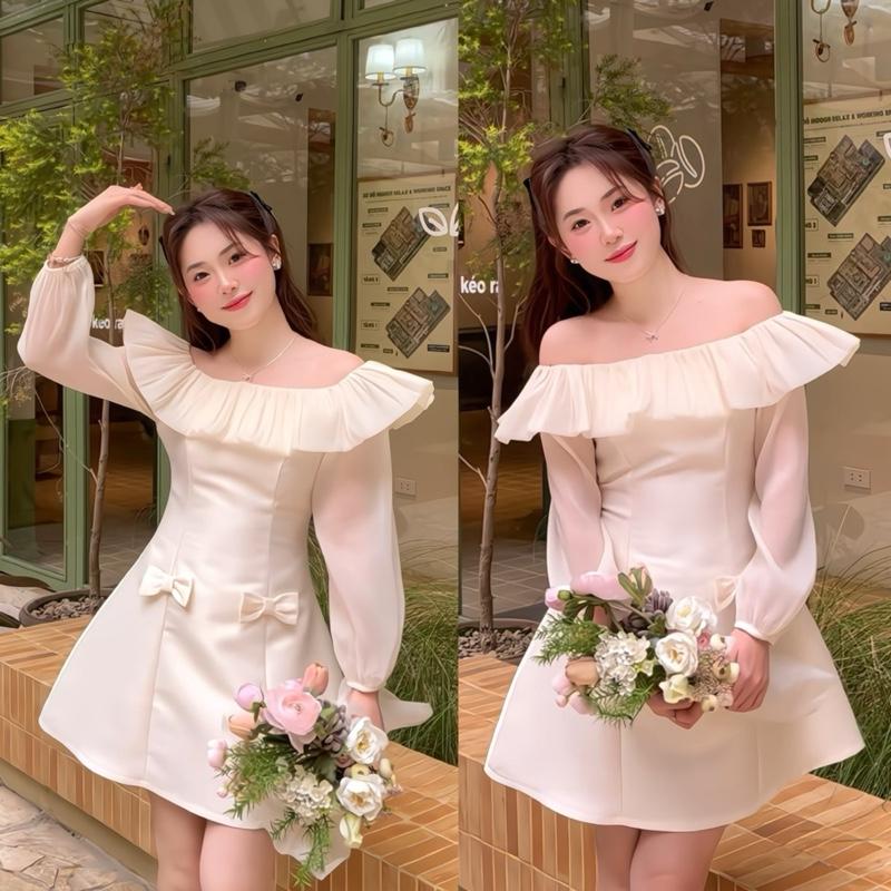 Lovely dress Váy tafta trễ vai đính nơ eo dáng ngắn trên gối xoè A style tiểu thư công chúa DILYSHOP_ V94