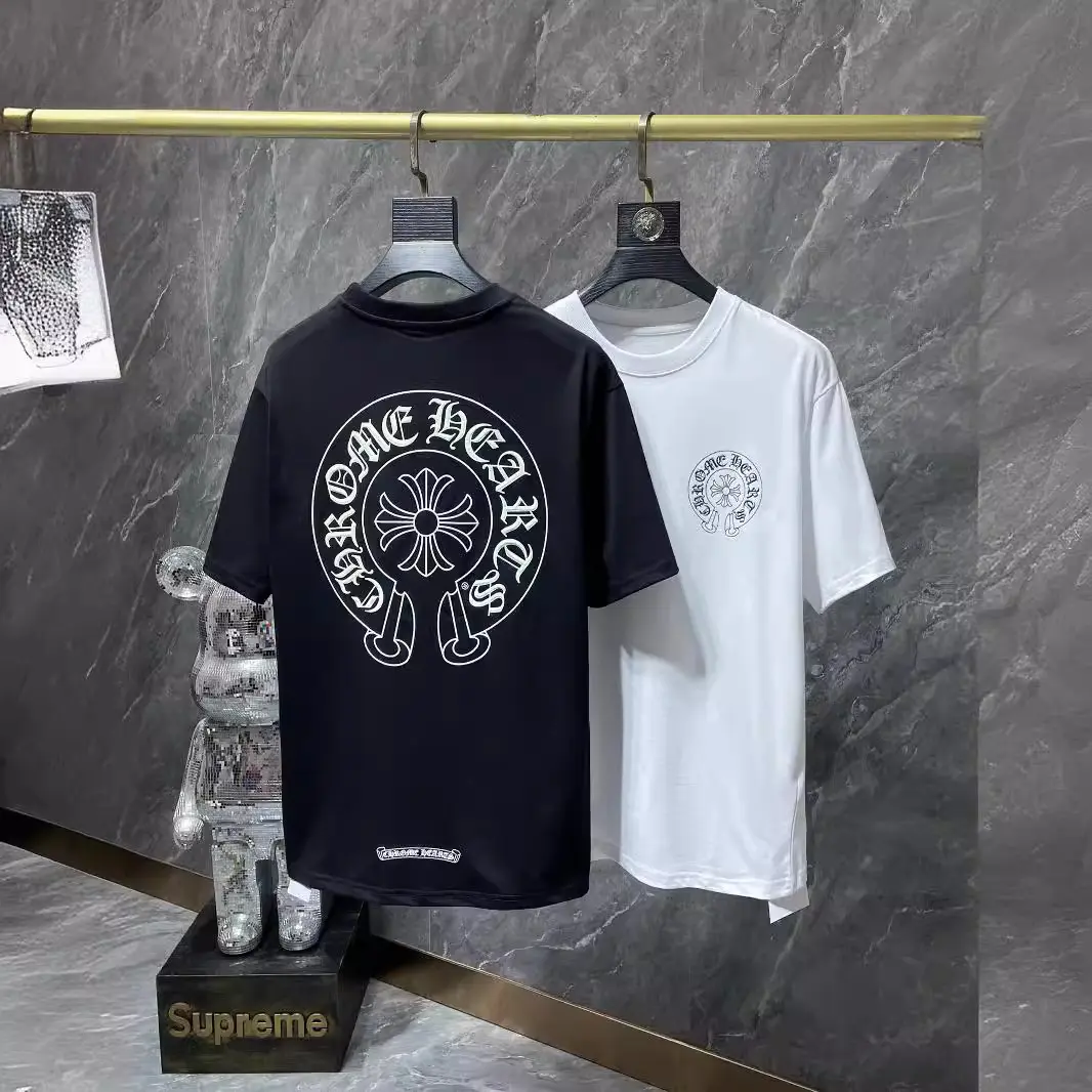 Correct Version of Foreign Trade Chrome Hearts Luminous Big Horseshoe Cruciate Flower Sanskrit Short Sleeve T-shirt Factory Straight Hair