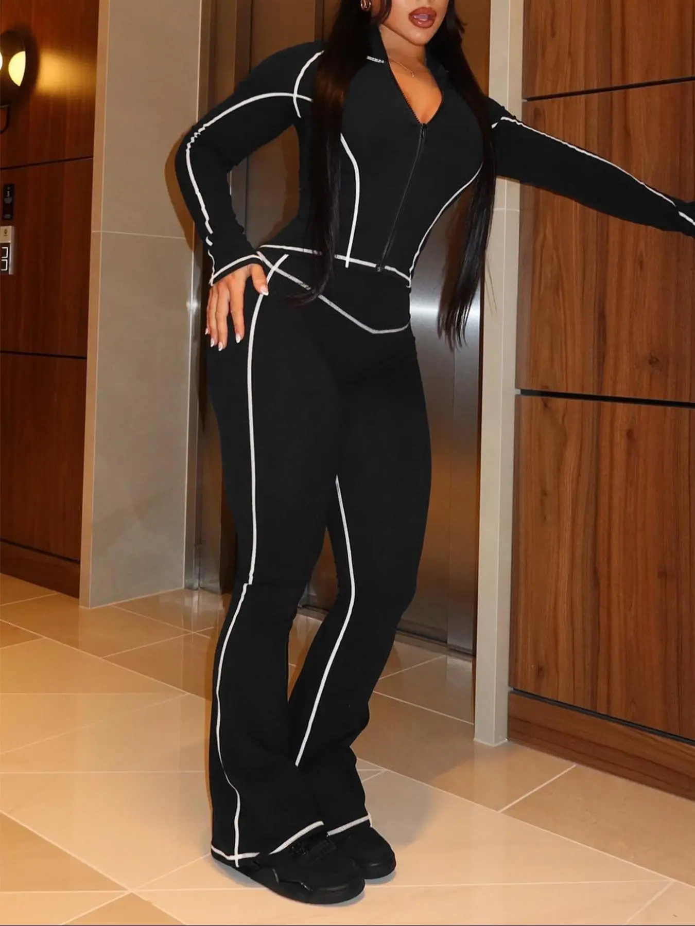 Two-piece Set Women's Striped Zip Up Jacket & Pants, Street  Tummy Flattering Fashion Long Sleeve Outerwear & High Waist Trousers for Daily & Valentine's Day Wear, Ladies Fall & Winter Clothes, Sassyclassyclothing