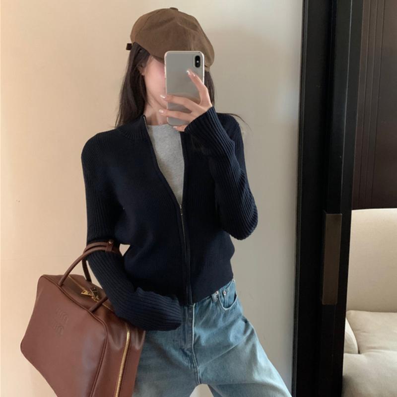 Áo Len Thể Thao Giải Trí Cho Nữ Áo Cardigan Dệt Kim Có Khóa Kéo Retro Dáng Ôm Đơn Giản Màu Trơn Xu Hướng Mùa Thu Mới Xám Top