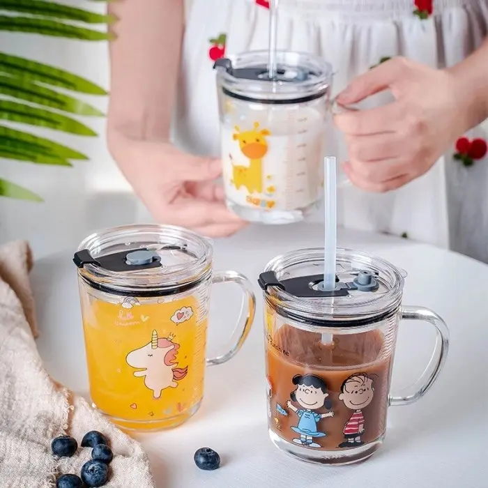 Gelas Kaca / Gelas Minum Kaca Karakter / Gelas Kaca & Gagang Silikon / Minuman 400ml 4