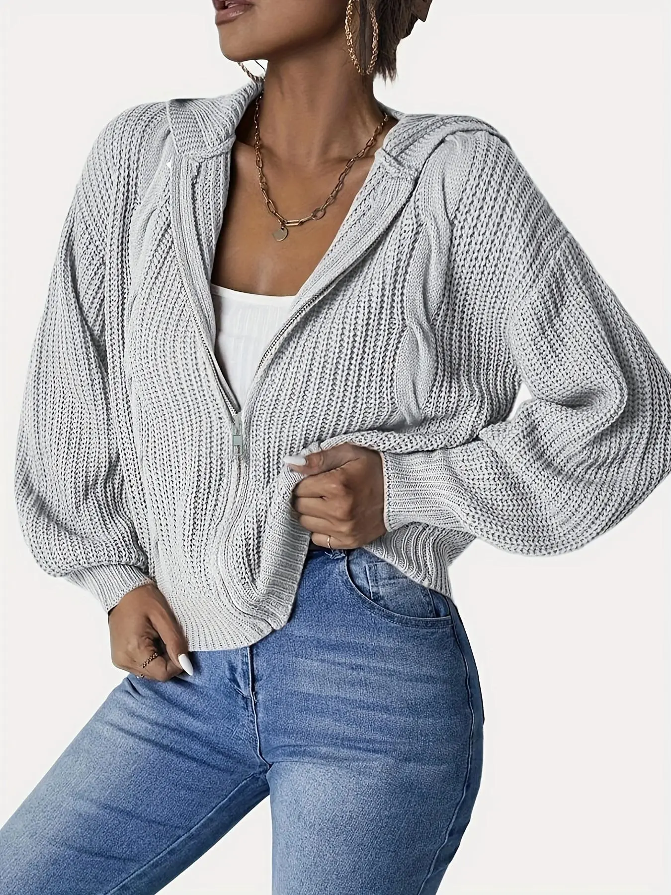 Women's Minimalist Plain Long Sleeve Zip Up Knitting Hooded Cardigan, Womenswear Tops, Lady Casual Comfort Drop Shoulder Fitted Knitwear, Women's Cos Zip Up Cardigan Clothing, Cardigans for Women, Chic Going Out Tops, Oversize