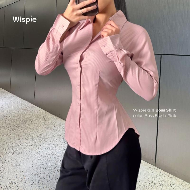 Wispie Girl Boss Fitted Shirt | Kemeja kerja wanita fit garis stripe karet Lembut pink hijau biru 7
