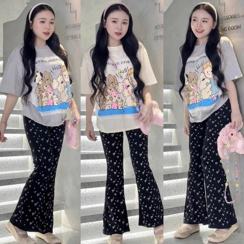 Set Bộ Loe Áo Thun Cotton (gấu kem phối ren) phối quần thun legging ống Loe in hình (trái tym đen) co dãn nữ mặc nhà đi chơi - Tuhaodobo Women Top