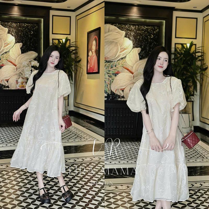 [Tira Mama Design] Váy bầu V1969 Váy voan thêu hoa tay bồng đuôi cá