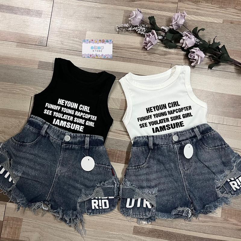  Bộ áo thun cotton ba lỗ và quần short jean năng động ngày hè cho bé gái 
