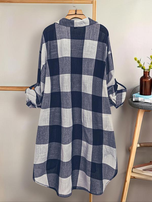 【Plus Size】 Women's Plaid Print Button Front High Low Hem Shirt, Casual Roll Up Sleeve Collared Top for Daily Wear, Ladies Clothes for All Seasons 7