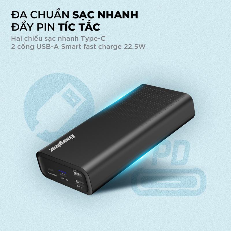 Pin dự phòng Energizer 20000mAh UE20012PQ - tích hợp sạc nhanh 2 chiều, 3 cổng sạc ra tiện lợi - Hàng chính hãng 6