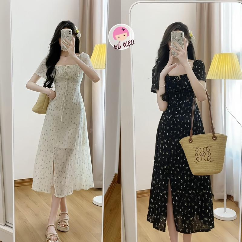 XẢ KHO - Váy cổ vuông hoa nhí thắt nơ dáng dài tiểu thư xixeoshop - V263