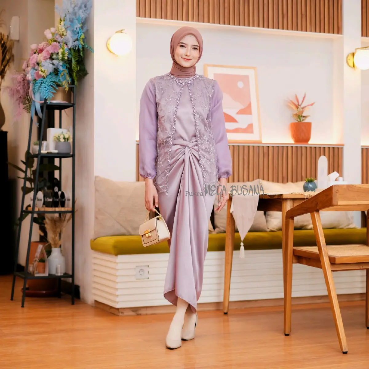 Renna One Set Inner Outer Rok Lilit Queenbee Fashion Gamis Muslim Kebaya Wanita Pesta Kondangan Bridesmaid Wisuda Brokat Tile Bordir Motif Organza Payet Mutiara
