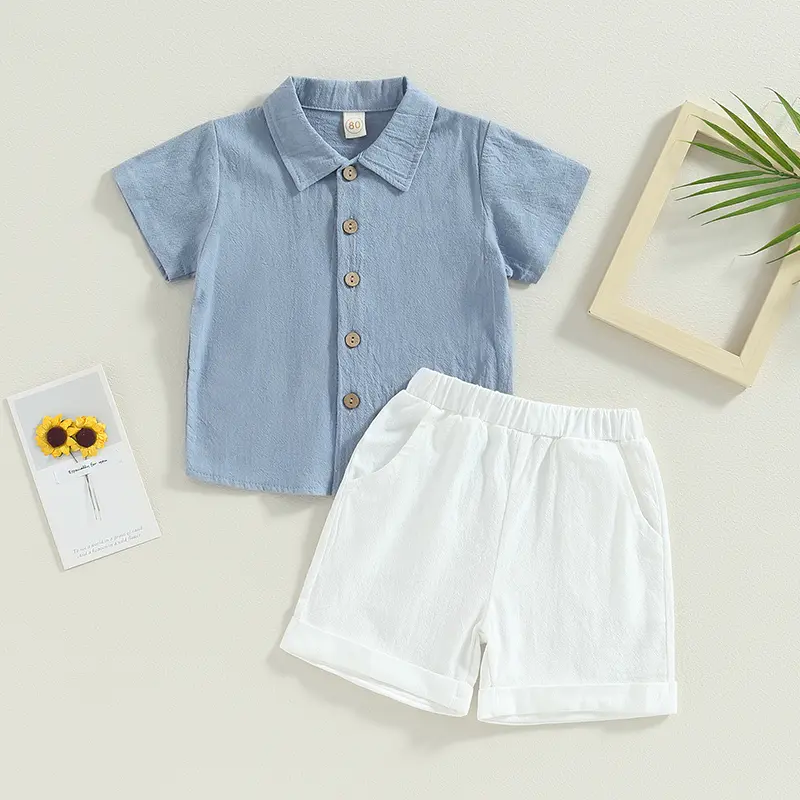 Kids Boys Summer Outfits Soft Solid Color Turn-Down Collar Short Sleeve Shirts and Elastic Waist Shorts 2Pcs Clothes Set