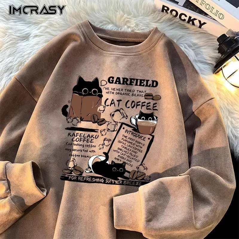 Áo Nỉ Crewneck, Phong Cách Mỹ, Dày Lông Cừu Mùa Thu Đông, Thiết Kế Hình Mèo Cà Phê, Dài Tay, Dễ Phối Đồ, Cá Tính, Thương Hiệu Hợp Xu Hướng Trẻ Trung, Bán Chạy Tại Cửa Hàng, Phong Cách Ins Menswear Nam Hoodie