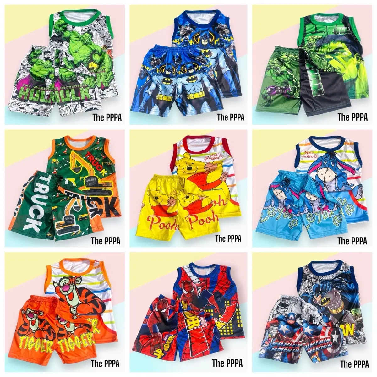 ชุดเด็กทั้งชุด  ชุดเด็กแขนสั้น แขนกุด  Size S-M เสื้อพร้อมกางเกง สำหรับน้อง 1-4 ขวบ งานผ้ามันสกรีนลาย เด็ก เด็กผู้ชาย เด็กหญิง