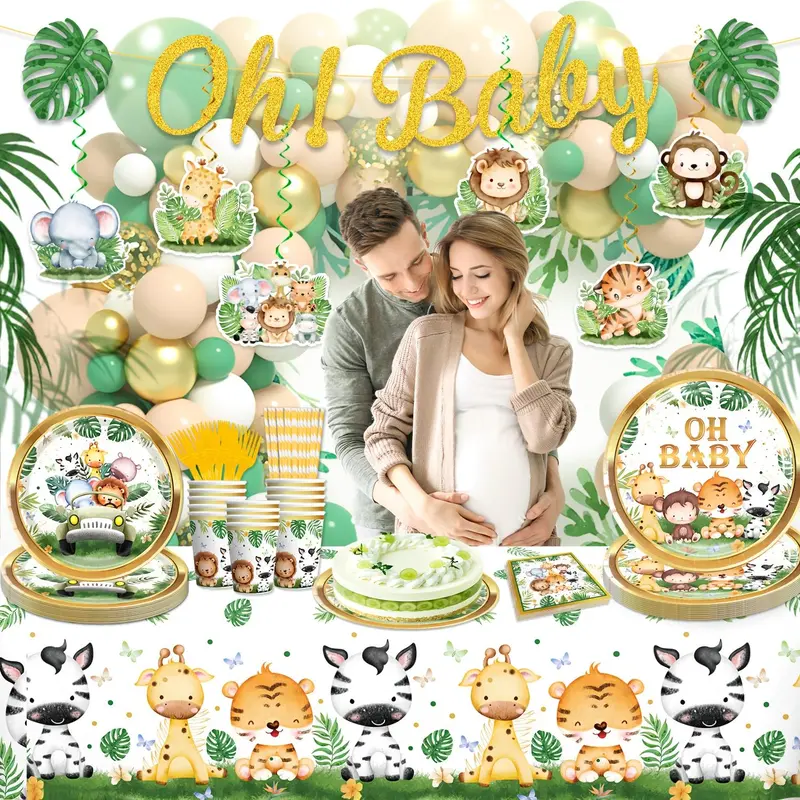 Jungle Animal Themed Disposable Tableware Set, 78pcs/set Including Plate, Cup, Napkin, Straw, Fork, Tablecloth, Party Supplies for Baby Shower 3