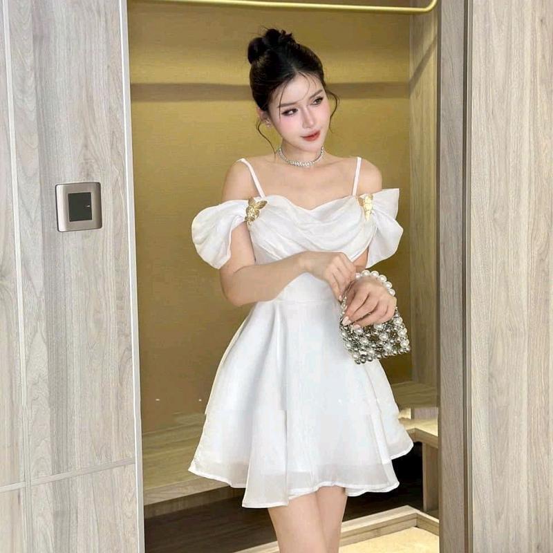 Đầm nữ 2 dây bệt vai tơ ánh kim kèm phụ kiện đi tiệc siêu xinh Women Dress 6