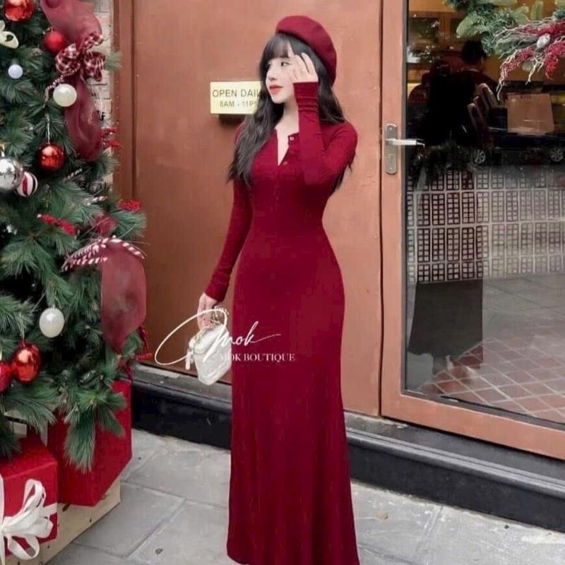Đầm thun gân đũa tay dài đính nút đủ màu 3