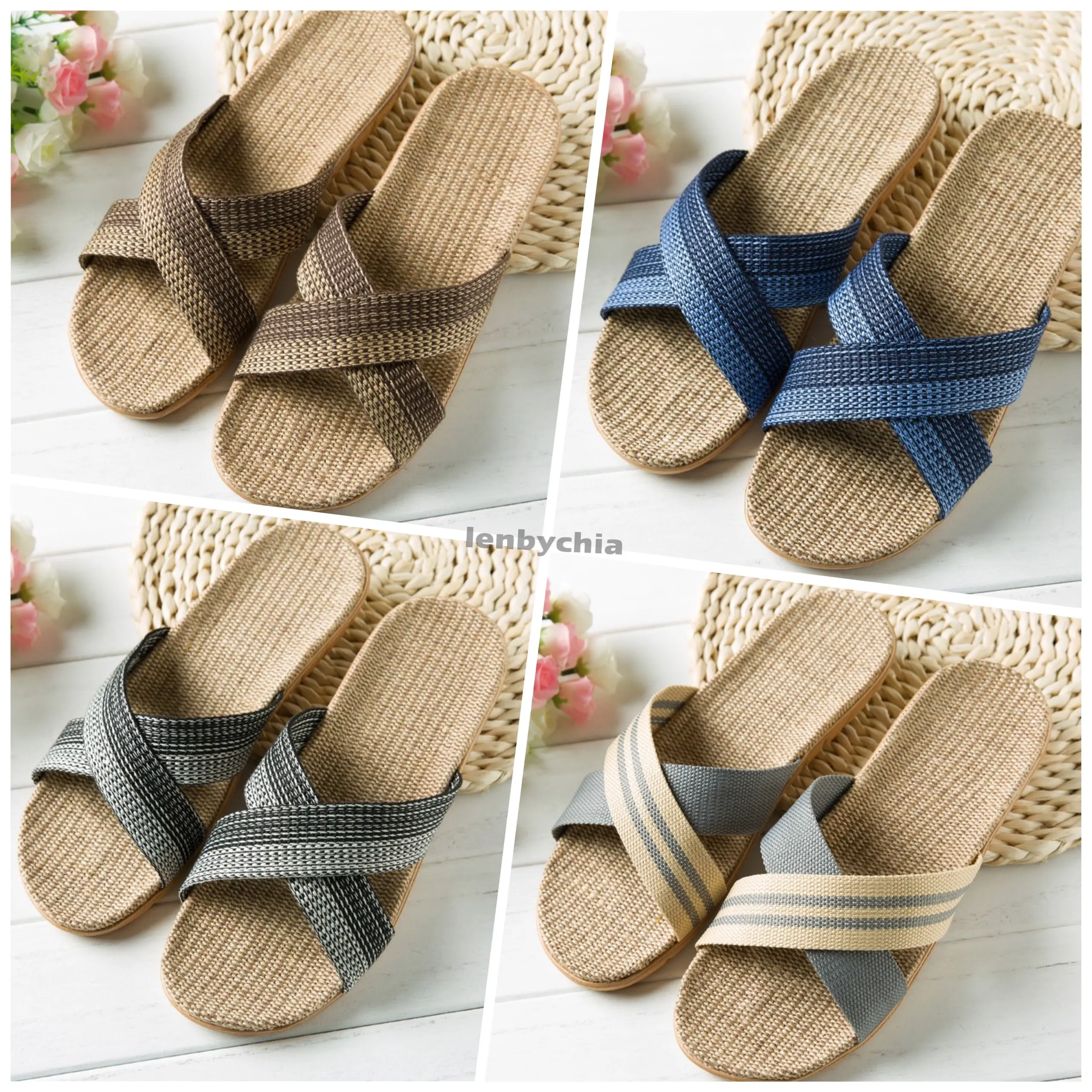 Lenbychia - [Sẵn size] Dép cói quai chéo NAM phối màu basic - ứng dụng cao, văn phòng, trong nhà, đi biển - TN11