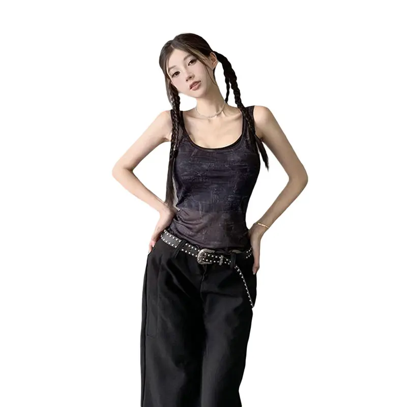 Women's Summer Fitted Crop Tops Sleeveless U Neck Open Back Vintage Pattern Print Tank Tops