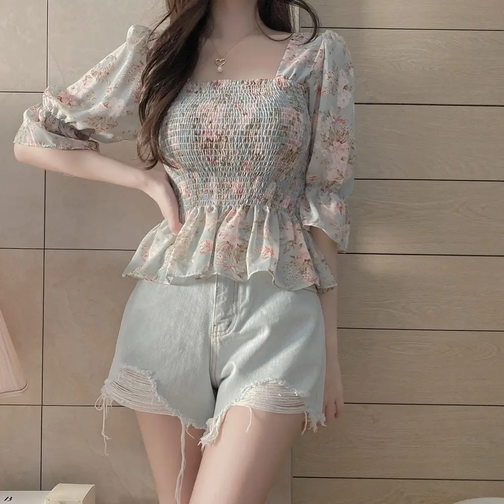 Floral Short Puff Sleeve Shirt Women Square Collar French Retro Top